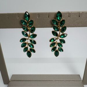 Green Cubic Zirconia Leaf Dangle Drop Gold Tone Earrings
